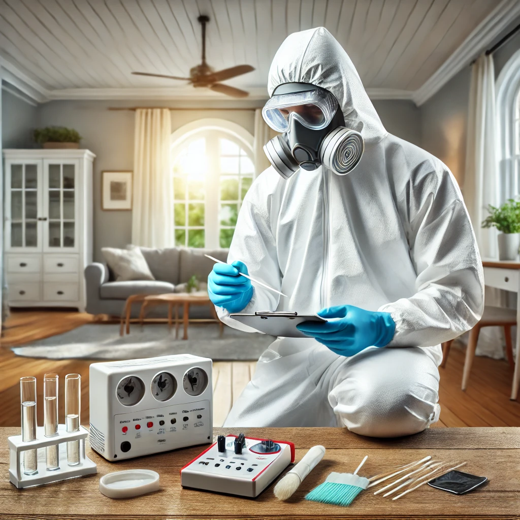 Professional mold inspection and testing technician using specialized equipment in a residential home