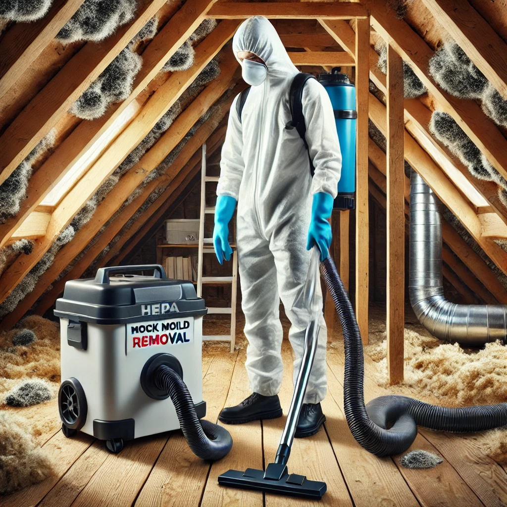 Professional attic mold removal technician in protective gear safely cleaning black mold from an attic space.