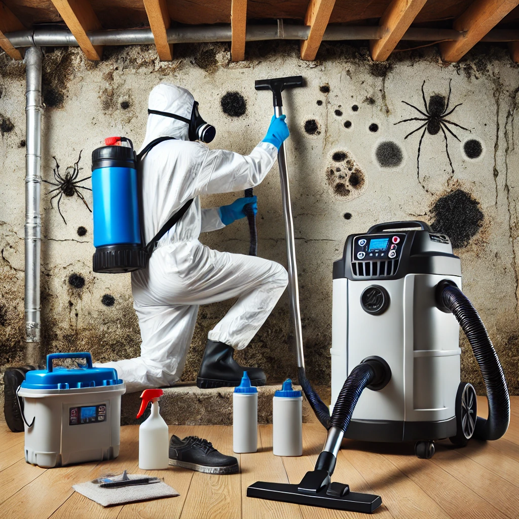 Professional basement mold removal technician in protective gear safely cleaning black mold from a basement wall.