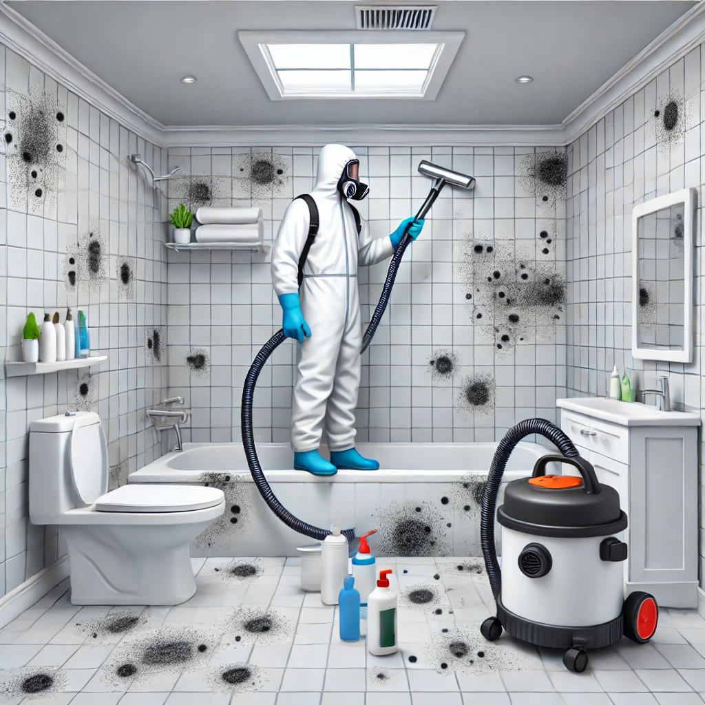 Professional bathroom mold removal technician in protective gear safely cleaning black mold from bathroom tiles and walls.